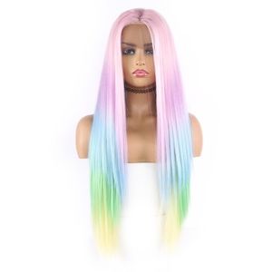 🦄 NEW 28” GORGEOUS RAINBOW UNICORN 🦄 OMBRÉ STRAIGHT LACE FRONT WIG